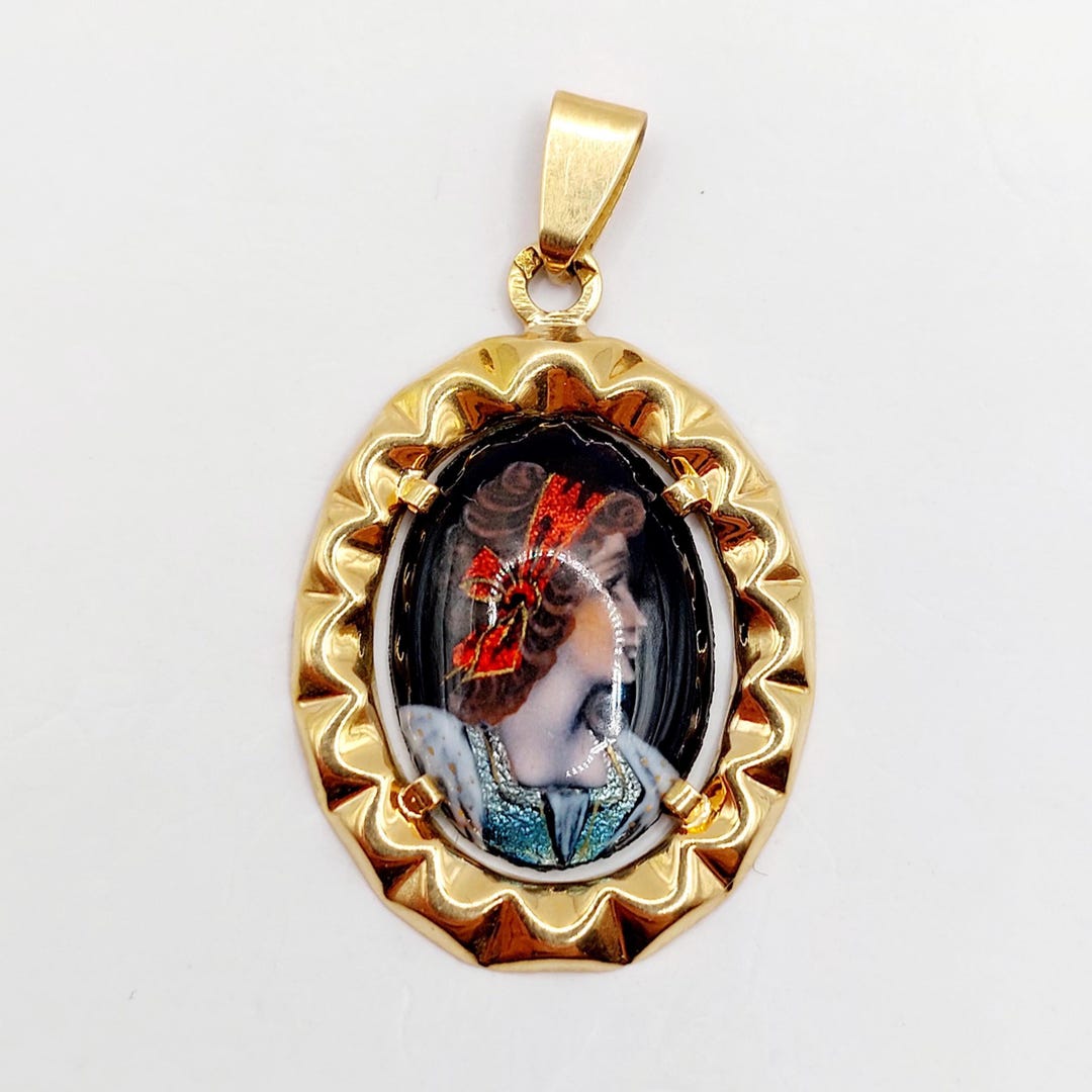 Pendentif Art Nouveau Limoges Or 18k - Plaque émaillée Jeune Fille (vers 1910) - Occasion
