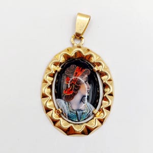 French art nouveau pendant 18k rose gold set with an enamelled plate representing a young girl (circa 1960) Limoges