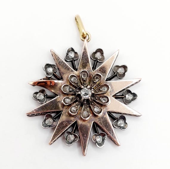 Magnifique Pendentif Ancien Or 18k Avec Fleur, Gui, Rubis, Perle Et Diamants En Sertissage étoilé - Circa 1900, Pièce Unique !