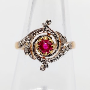 French antique tourbillon ring 18k gold synthetic ruby and rose cut diamonds (circa 1900)
