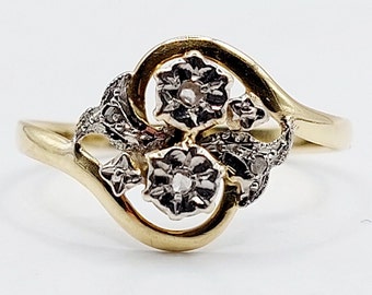 French Victorian ring 18k gold set with rose cut diamonds in floral  settings (circa 1880) toi et moi, antique, you and me