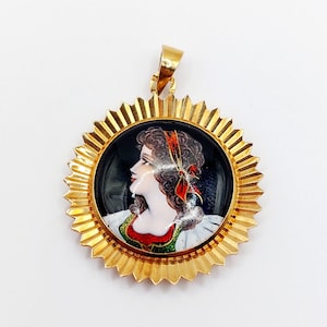 French art nouveau pendant 18k rose gold set with an enamelled plate representing a young girl (circa 1980) Limoges