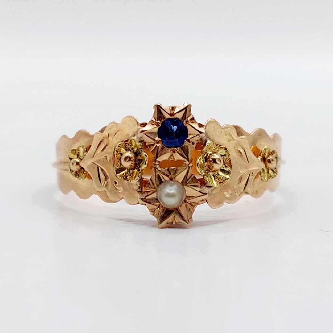 French Antique Ring 18k Rose Gold Pearl, Blue Paste and Flowers (circa ...
