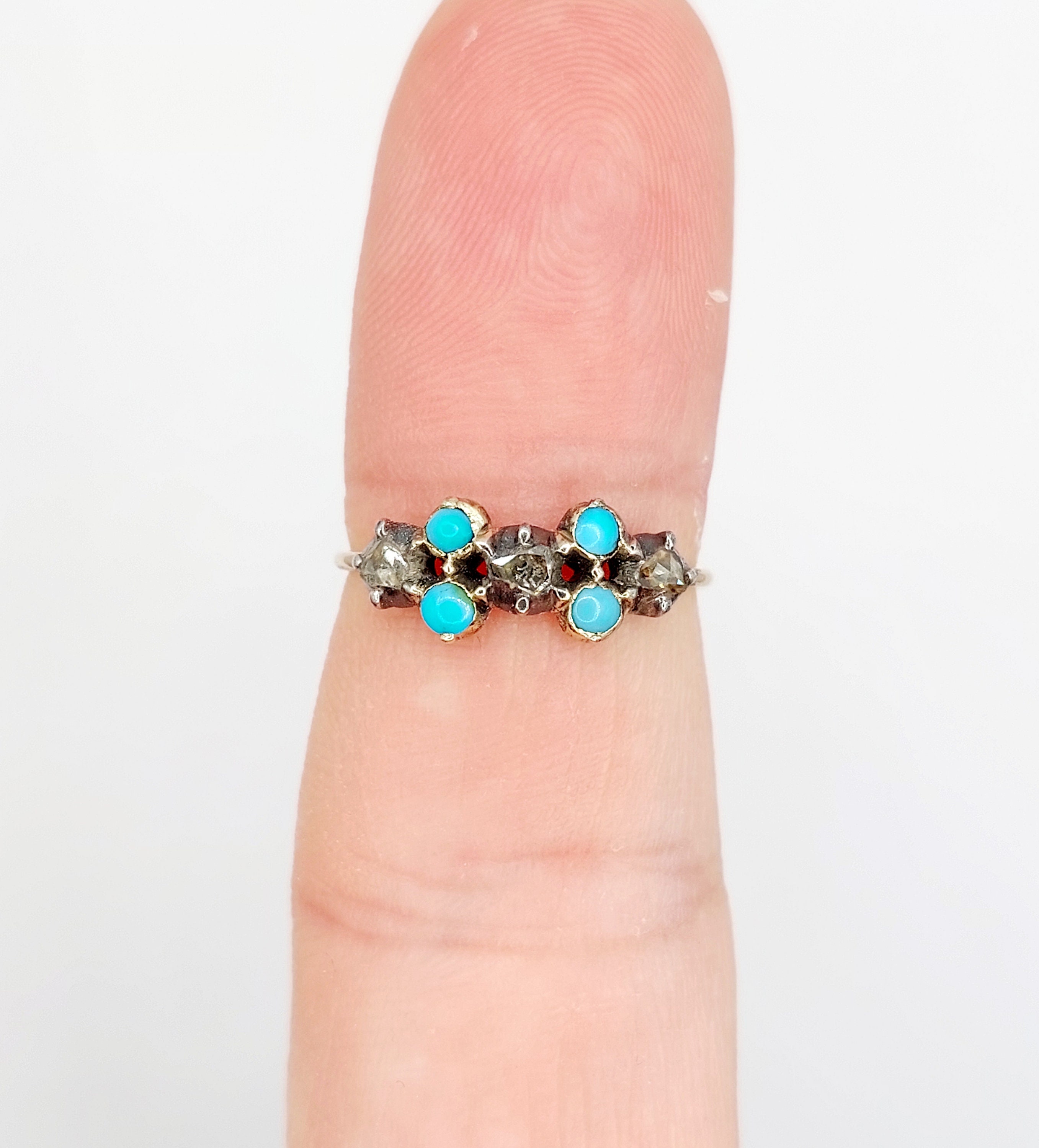Bague Or 18k 18ème Siècle - Diamants, Turquoises Et Or Rose - Taille 52, Circa 1800