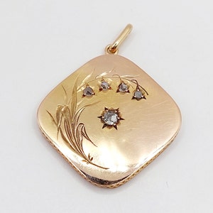 French victorian pendant 18k rose gold with stylized reed decoration set with rose cut diamonds (circa 1900) flower antique charm