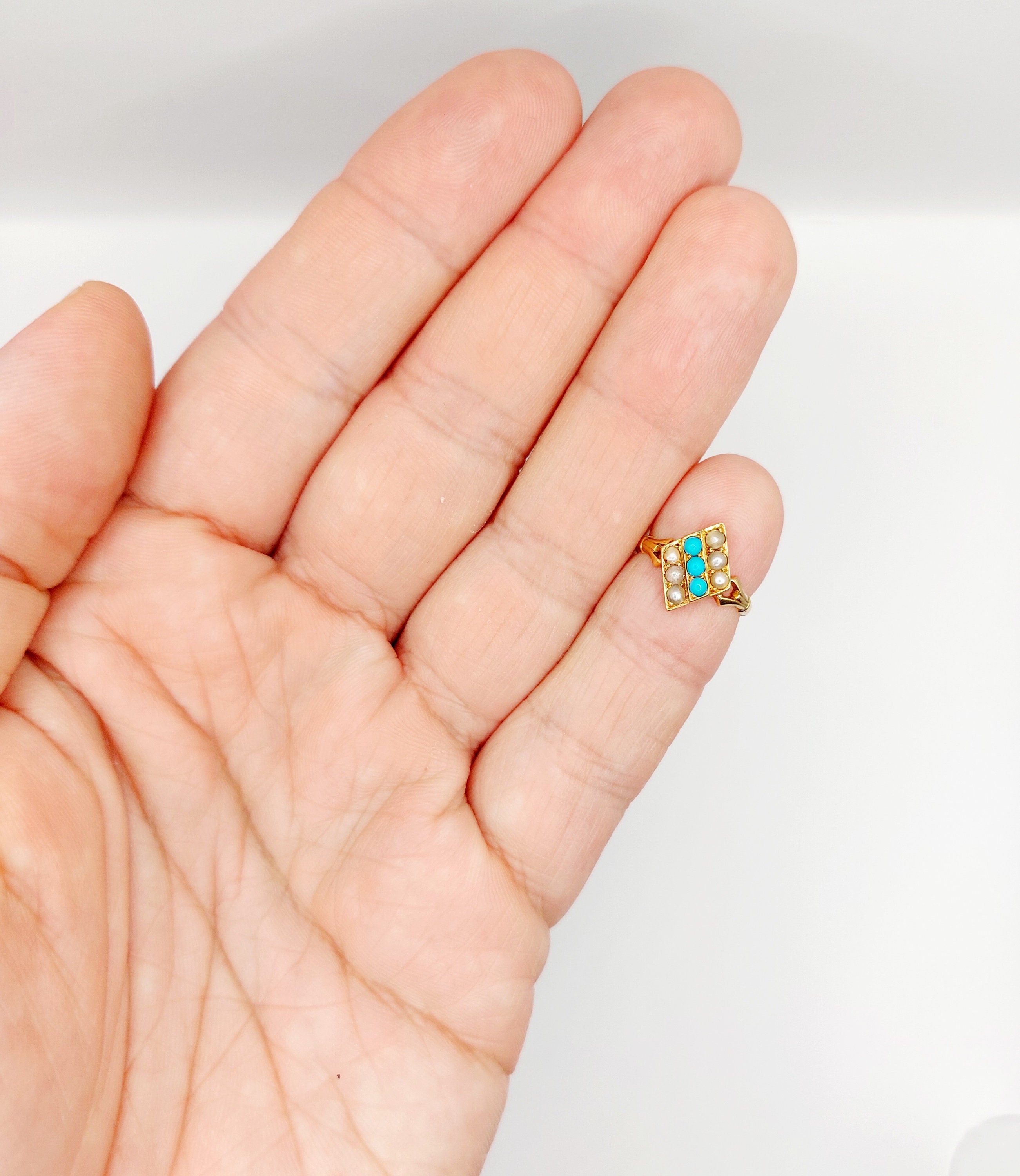 Bague Antique Or 18k Marquise - Perles & Turquoises (Circa 1920) - Taille 43 - Occasion