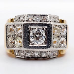 French art deco tank ring 18k gold and platinum set with 1.67 carat of old cut diamond (circa 1940) domed