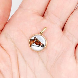 May include: A gold pendant with a round glass cabochon featuring a hand-painted portrait of a brown horse's head. The horse is wearing a bridle and has a white background.