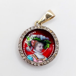 French victorian pendant 18k gold enameled miniature representing a young girl surrounded by rose cut diamonds (circa 1880) antique