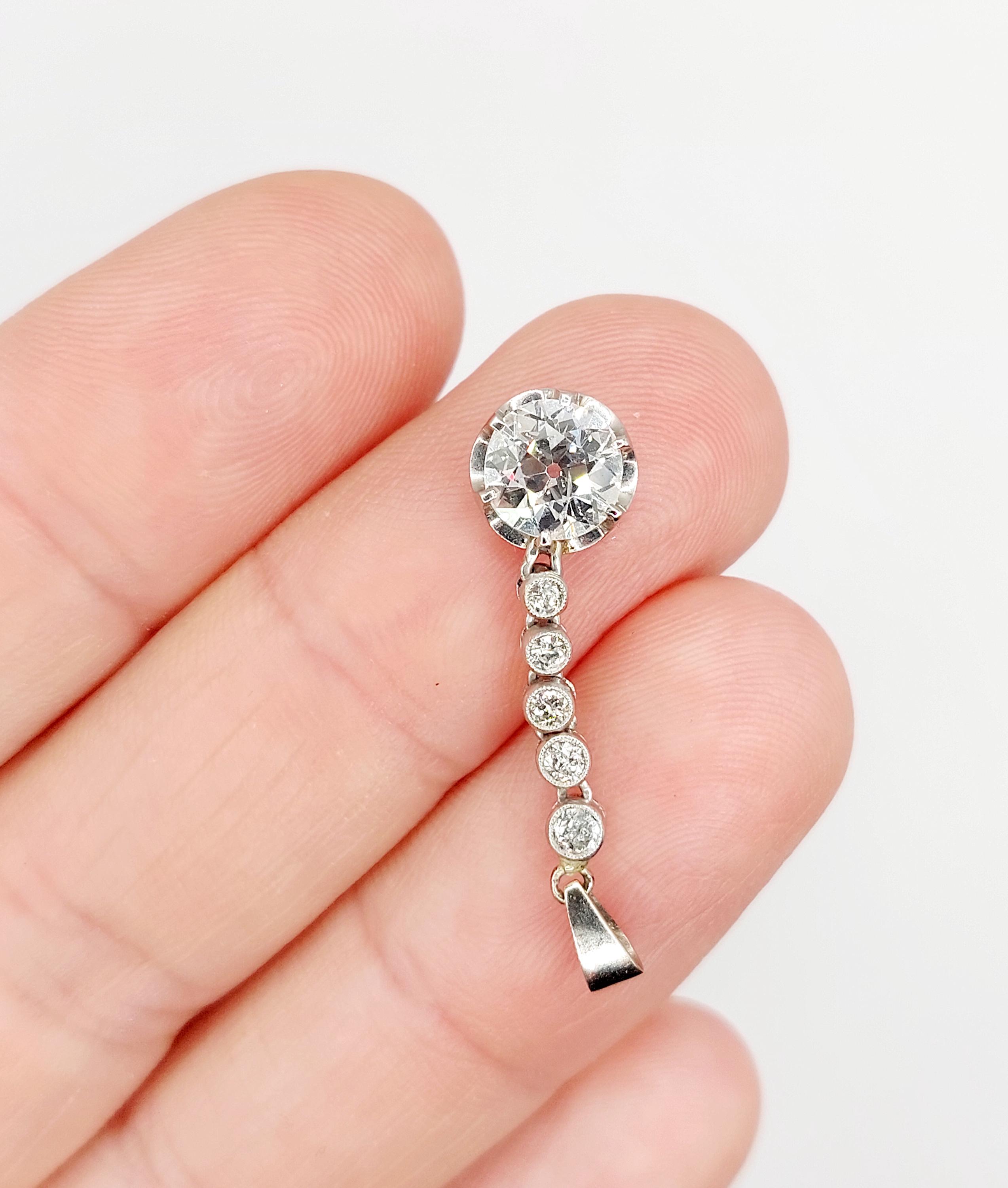 Pendentif Ancien Or Blanc 18k Avec Diamant Ancien 1.30 Carat - Environ 1900 - Collier Mi-Long - Occasion