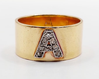 French Antique cigar band ring 18k rose gold letter A and old cut diamonds (circa 1920)
