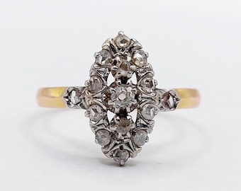 French victorian marquise ring 18k rose gold, old cut diamond and rose cut diamonds(circa 1900) antique
