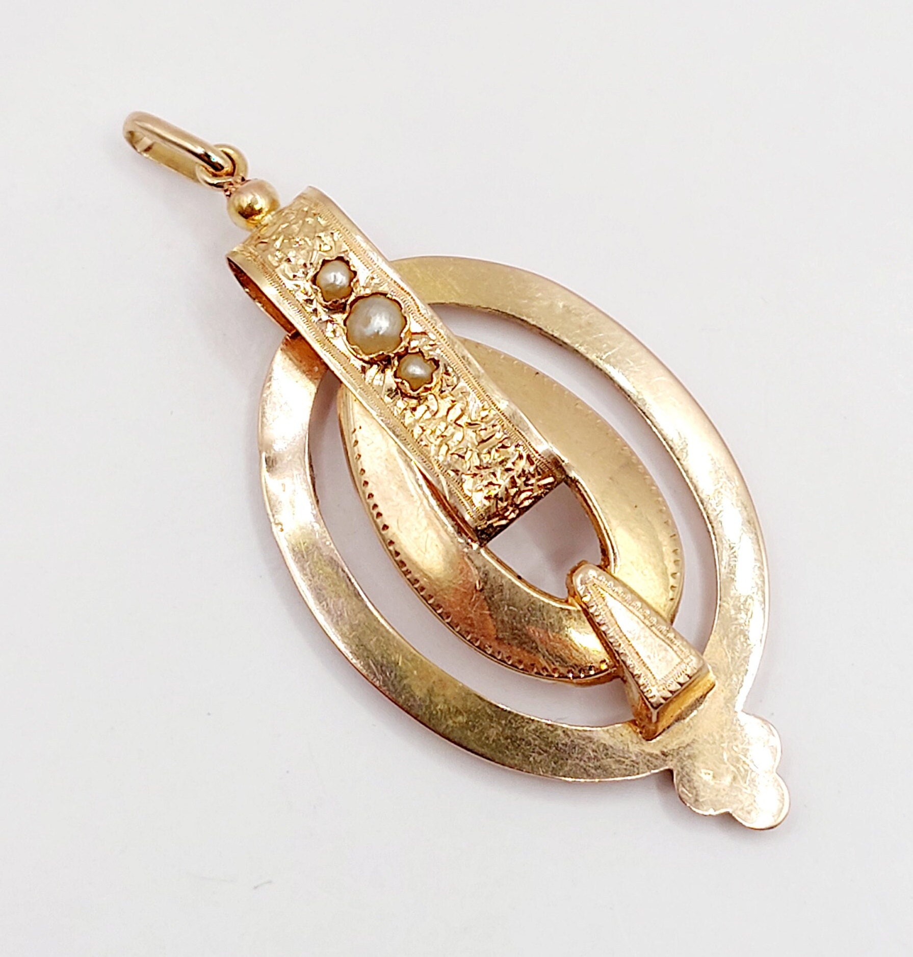 Pendentif Victorien XXL En Or Rose 18k Avec Perle - Finement Ciselé - Circa 1900 - Occasion