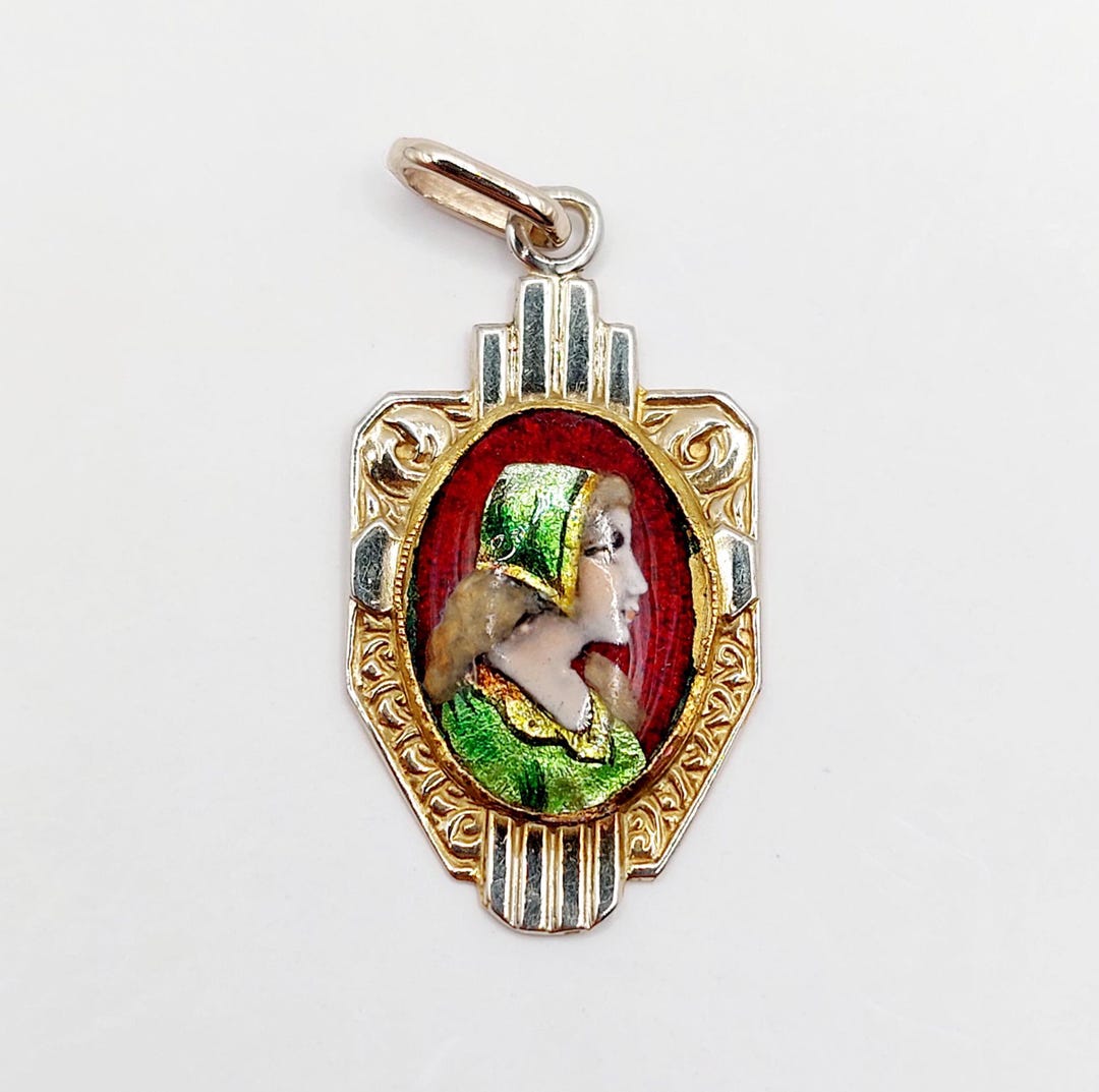 Pendentif Art Nouveau Limoges En Or 18k Avec Plaque émaillée Jeune Fille - Circa 1900, Occasion