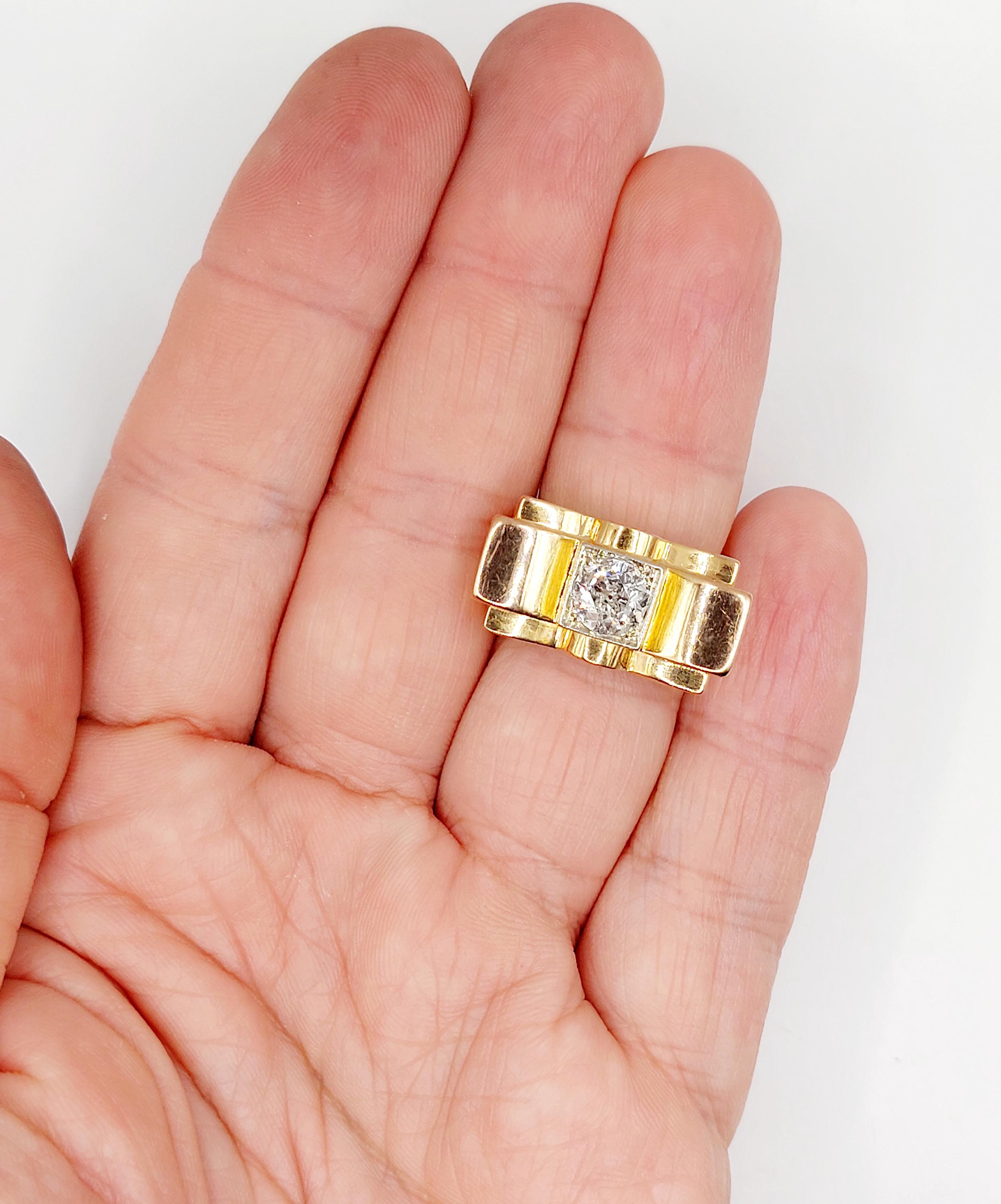 Bague Tank Art Déco En Or Rose 18k Avec Diamant Ancien 1,25 Carats - Taille 52