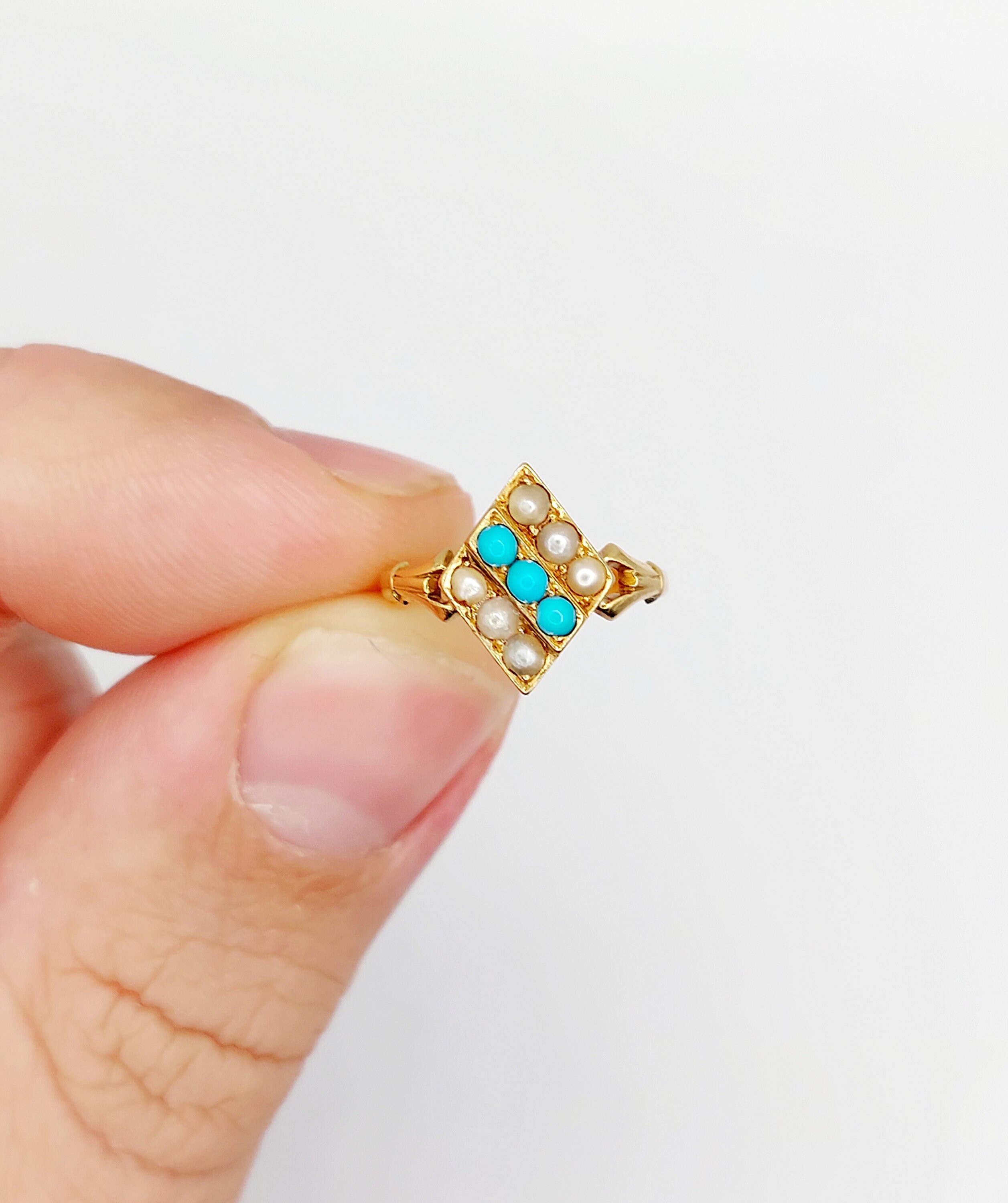Bague Antique Or 18k Marquise - Perles & Turquoises (Circa 1920) - Taille 43 - Occasion