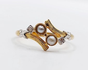 Bague Marguerite Antique Or 18k - Perle Et Diamant, Taille 51, Circa 1900, Occasion