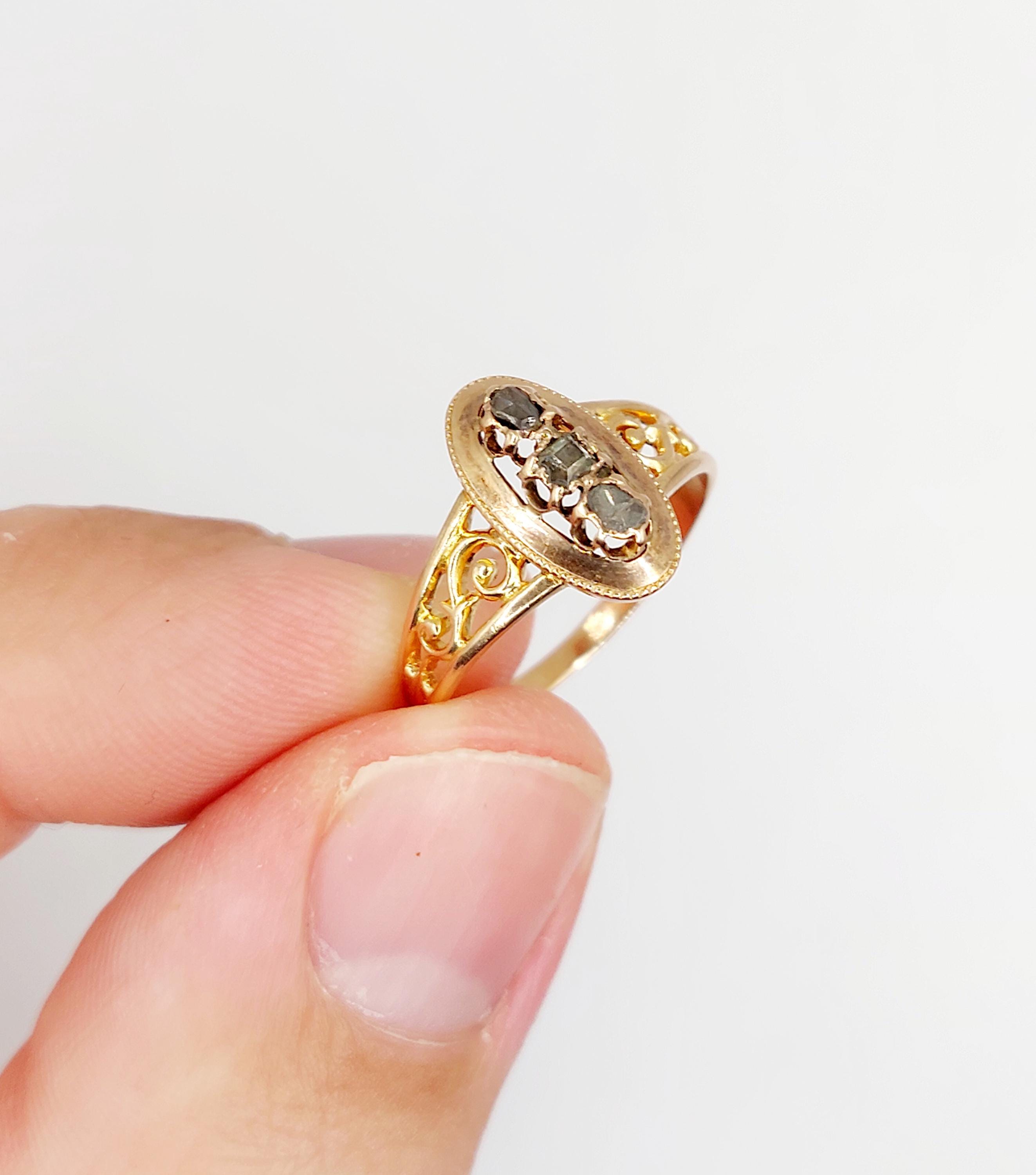 Bague Marquise Antique Or Rose 18k Avec Diamants Sertis Illusion - Taille 55 (vers 1880)