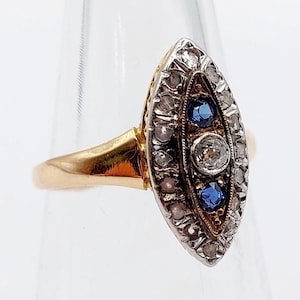 French antique marquise ring 18k gold set with an old mine cut diamond and sapphires surrounded by rose-cut diamonds (circa 1900)