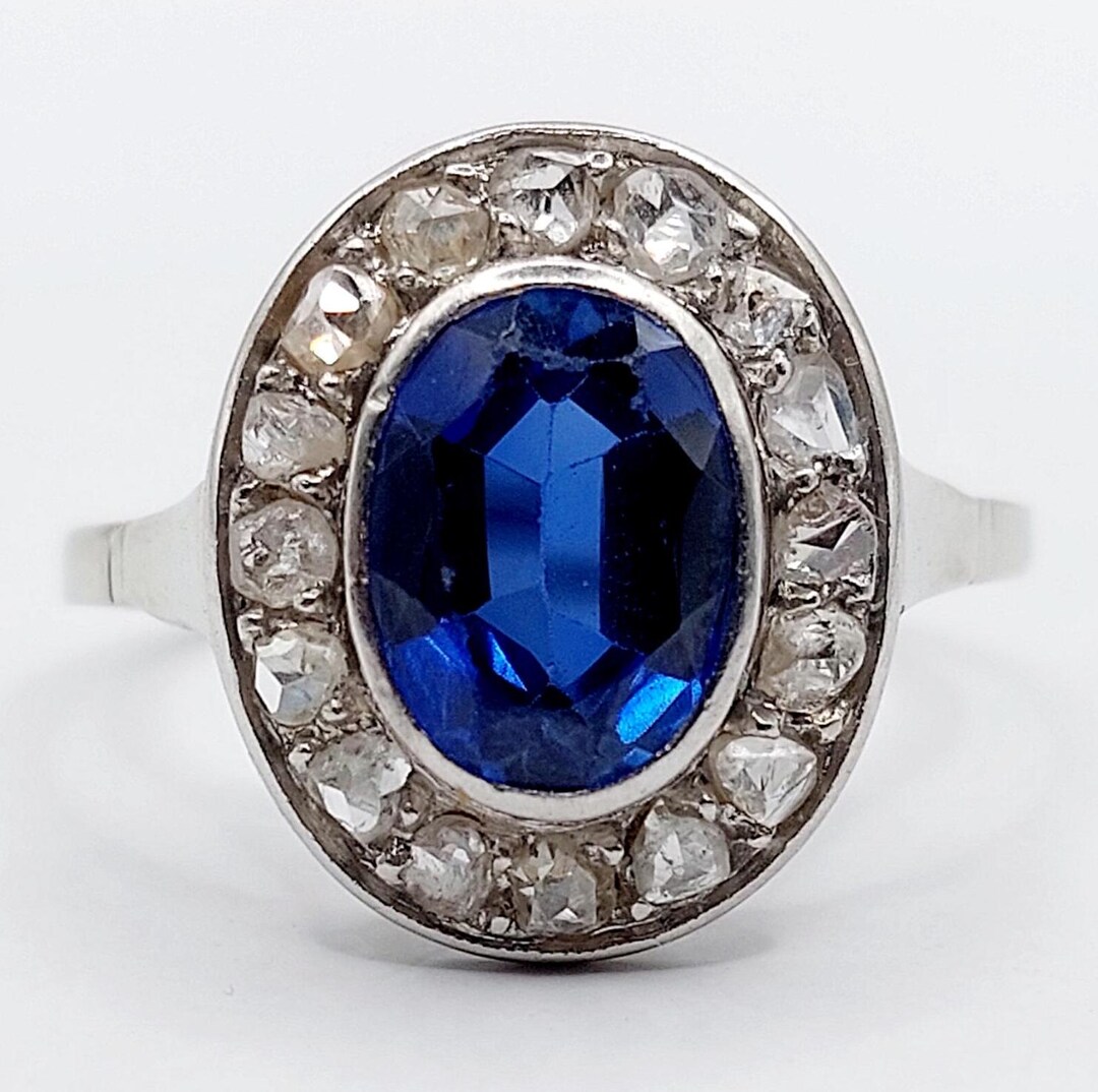 Bague Pompadour Antique Or 18k Avec Saphir Synthétique Et Diamants - Taille 50, Style Marquise