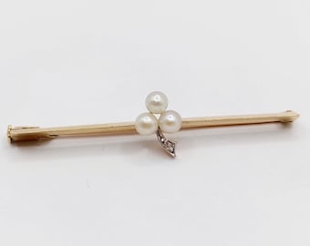 French antique barrette brooch 18k gold clover set with pearls and a rose cut diamond (circa 1900)