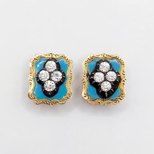 French Antique cufflinks or collar buttons 18k gold and silver set with white stones and blue enamel  (circa 1900)
