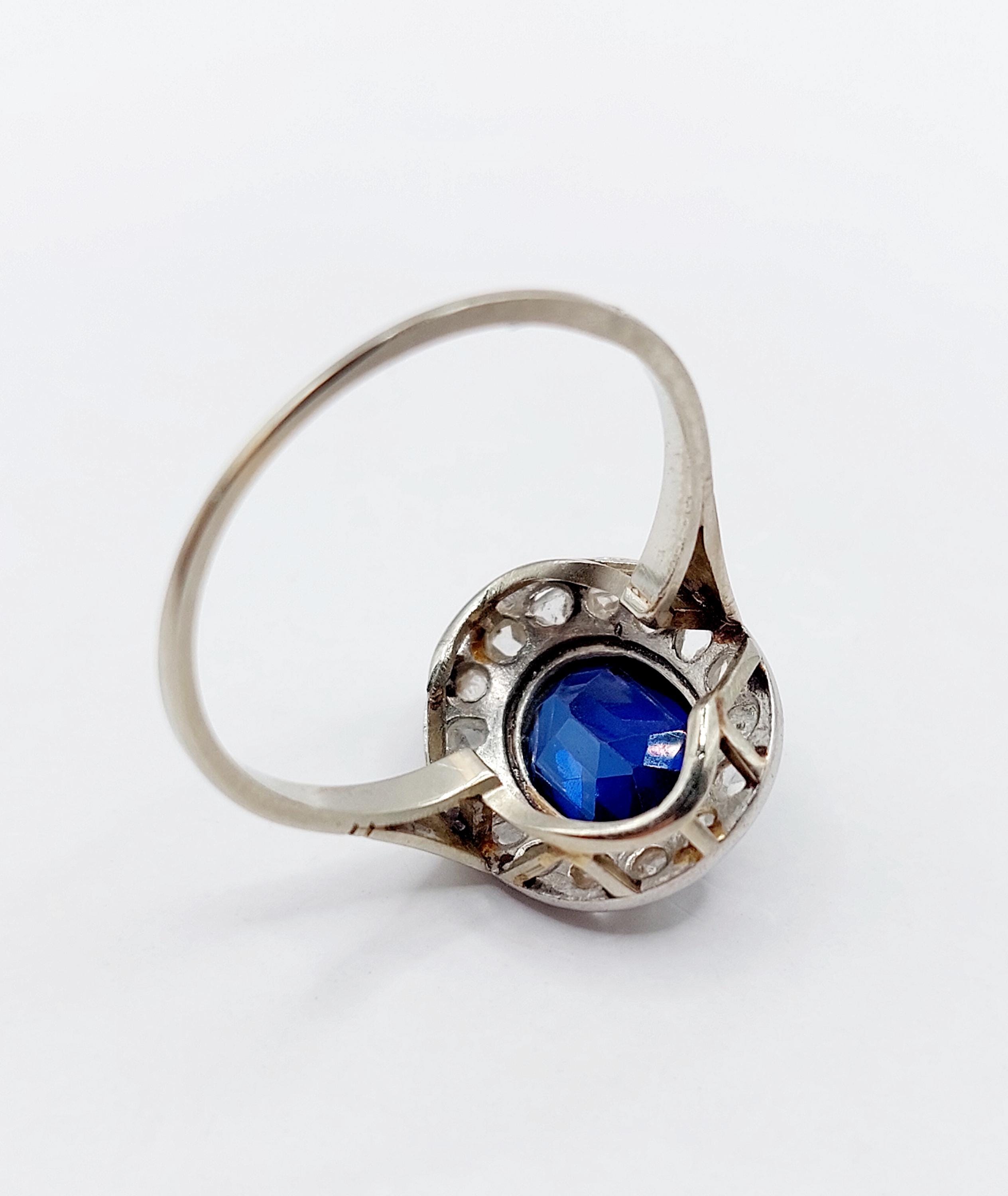 Bague Pompadour Art Déco Or 18k Avec Saphir Synthétique 3,00 Ct Et Diamant - Taille 60 - Occasion