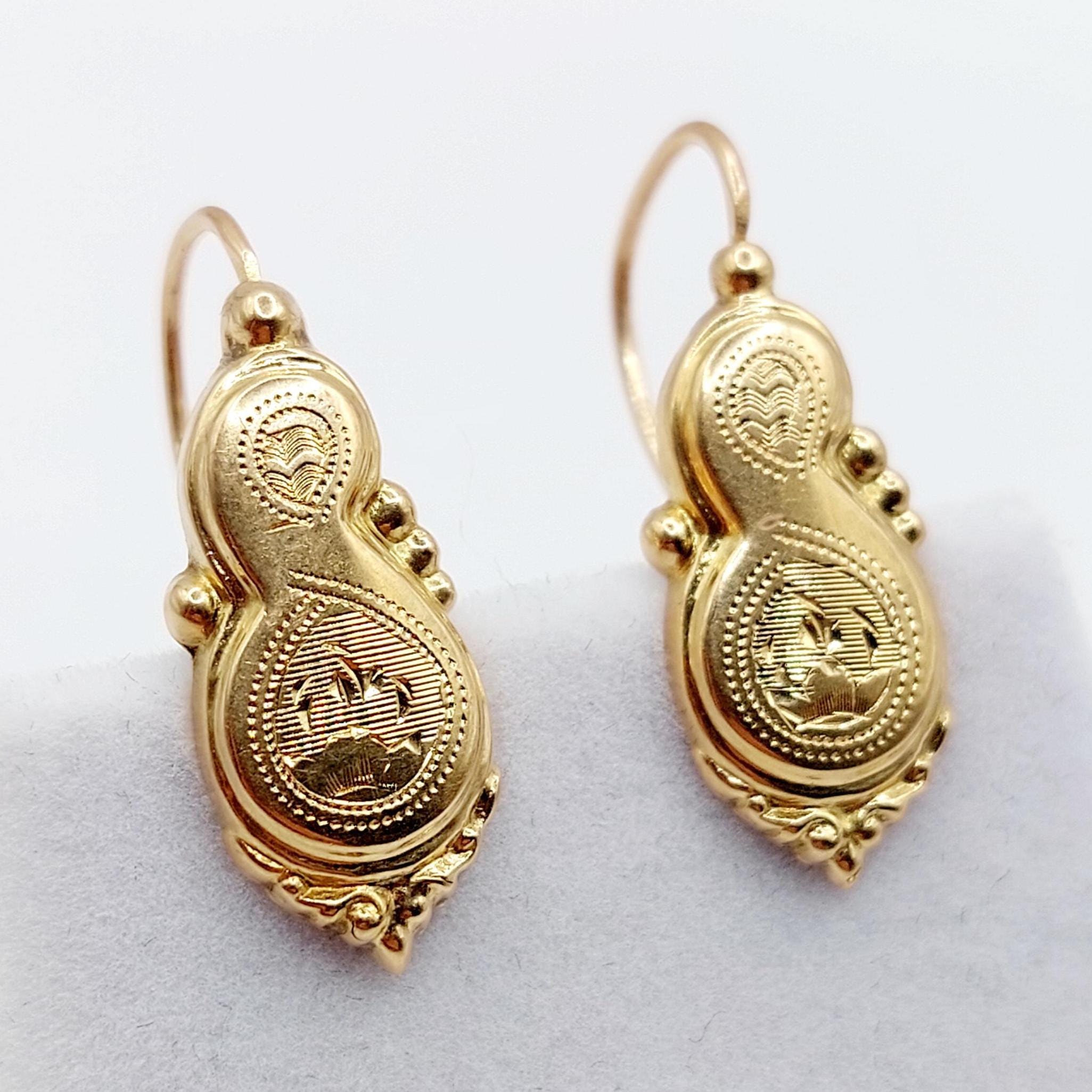 Boucles D'oreilles Dormeuses Victoriennes Or Rose 18k - Style Goutte Ciselé, Circa 1880, Occasion