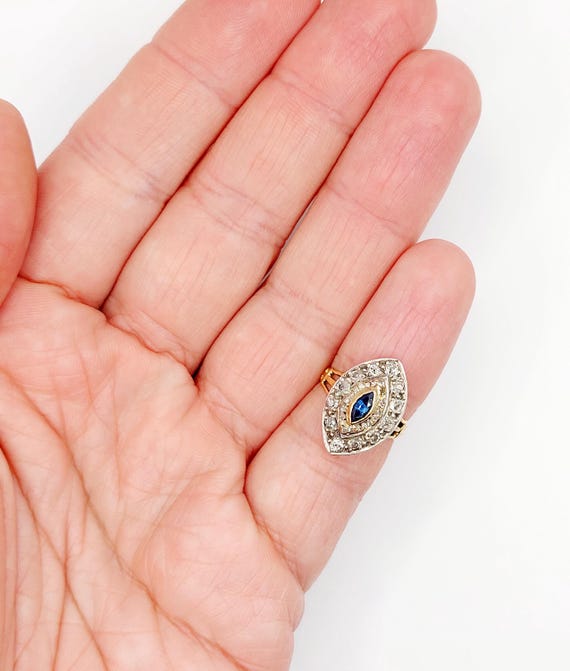 Bague Marquise Antique – Or Rose 18k Et Argent Avec Saphir Et Diamants – Circa 1900 – Taille 46