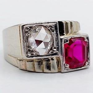 French art deco tank ring 18k white gold set with a 0.55 carat rose cut diamond and a 1.25 carat synthetic ruby (circa 1930) signet