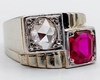 French art deco tank ring 18k white gold set with a 0.55 carat rose cut diamond and a 1.25 carat synthetic ruby (circa 1930) signet
