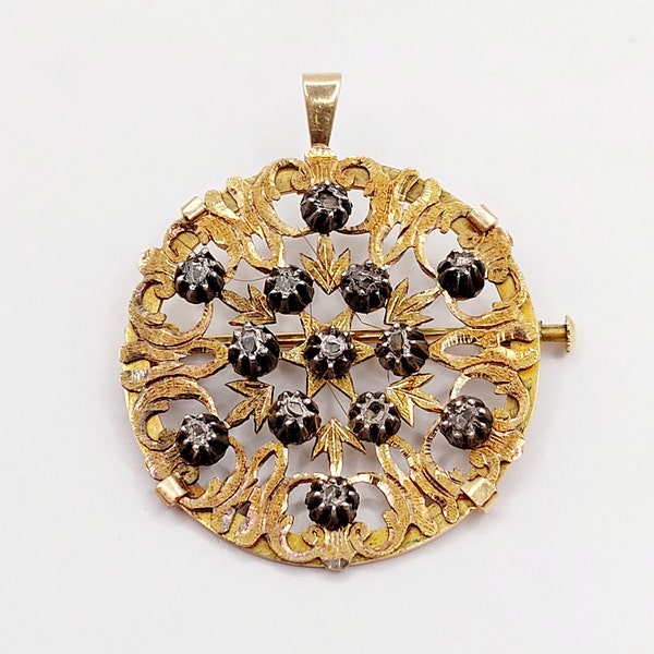 Pendentif broche victorien or 18k et argent ornée de diamant taille roses dans une monture finement ciselée (circa 1850)