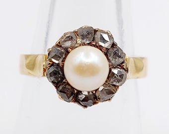 Bague Marguerite Antique Or Rose 18k Avec Perle Et Diamants - Taille 56 - Circa 1900 - Occasion