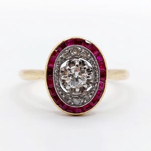 French art deco target ring 18k gold old cut diamond and calibrated synthetic rubies (circa 1910)