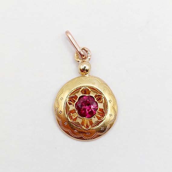 French Victorian pendant 18k rose gold and garnet with floral decorations (circa 1890)