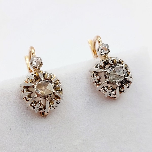 French Victorian sleepers 18k rose gold set with a rose cut diamond in illusion setting (circa 1900) lever back antique earrings