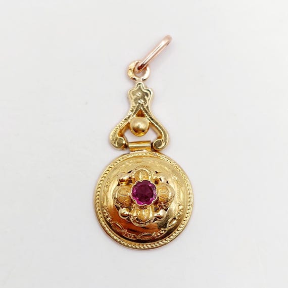 French Victorian pendant 18k rose gold and garnet with floral decorations (circa 1890)