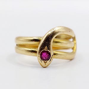 Pode incluir: Um anel dourado em forma de serpente enrolada com um acabamento liso e polido. A cabeça da serpente apresenta uma única pedra preciosa redonda de um vermelho rosado vibrante, cravada com segurança no centro como um ponto de destaque.