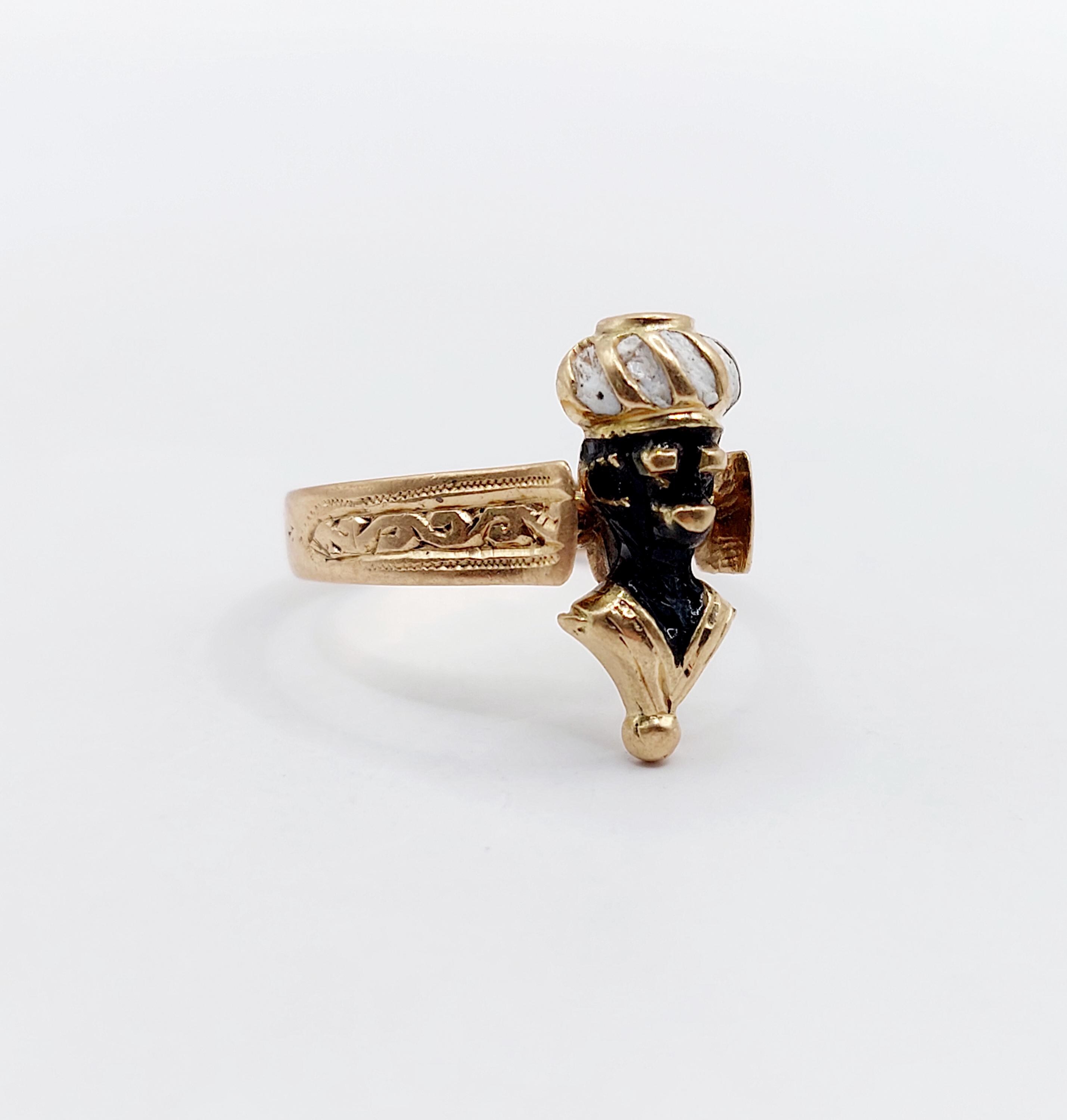 Bague Victorienne En Or Rose 14k Tête De Maure émaillée - Circa 1870, Taille 50, Chevalière