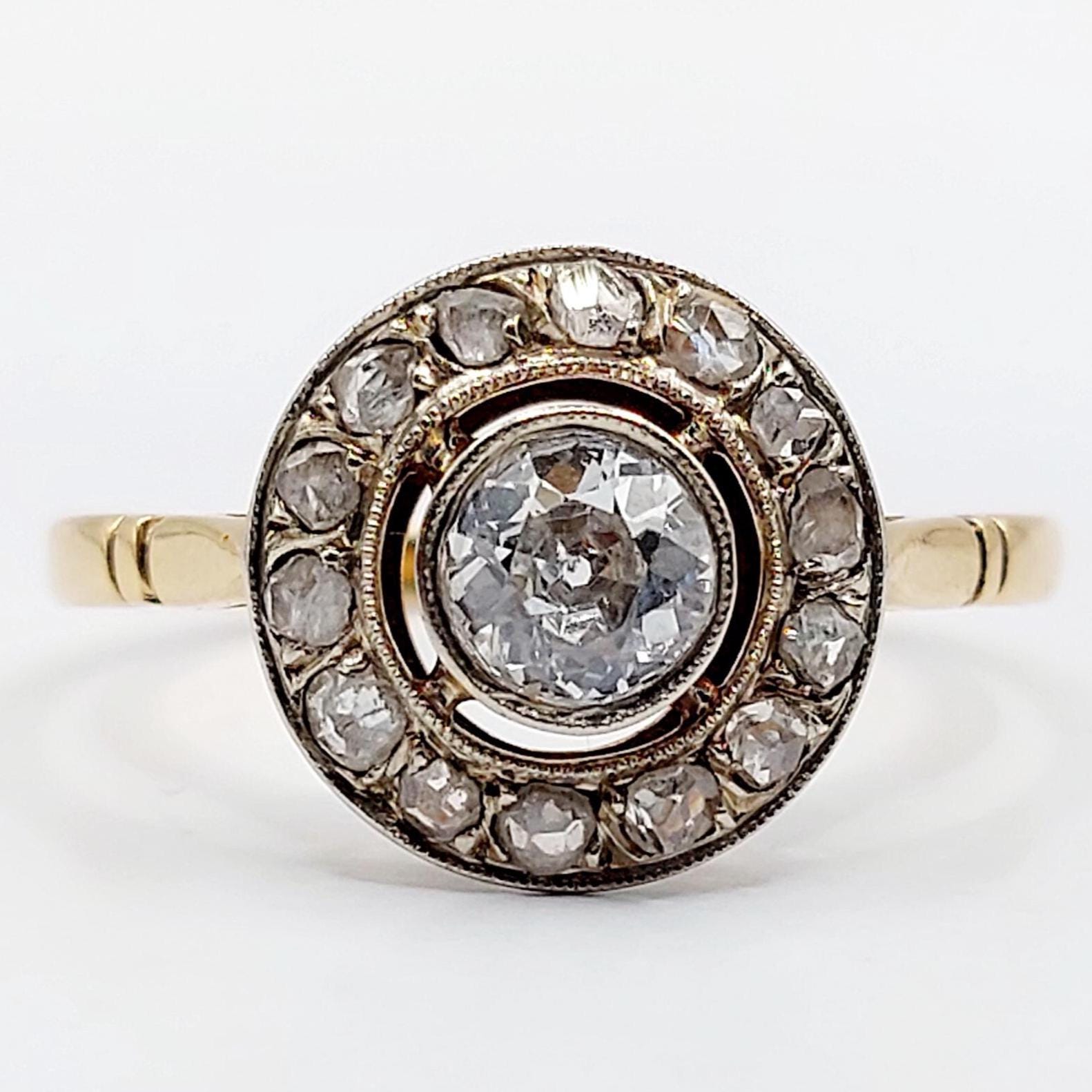 Bague Cible Antique Or 18k Diamants 0,65 Carats — Circa 1900, Taille 61, Sertie Cluster, Occasion