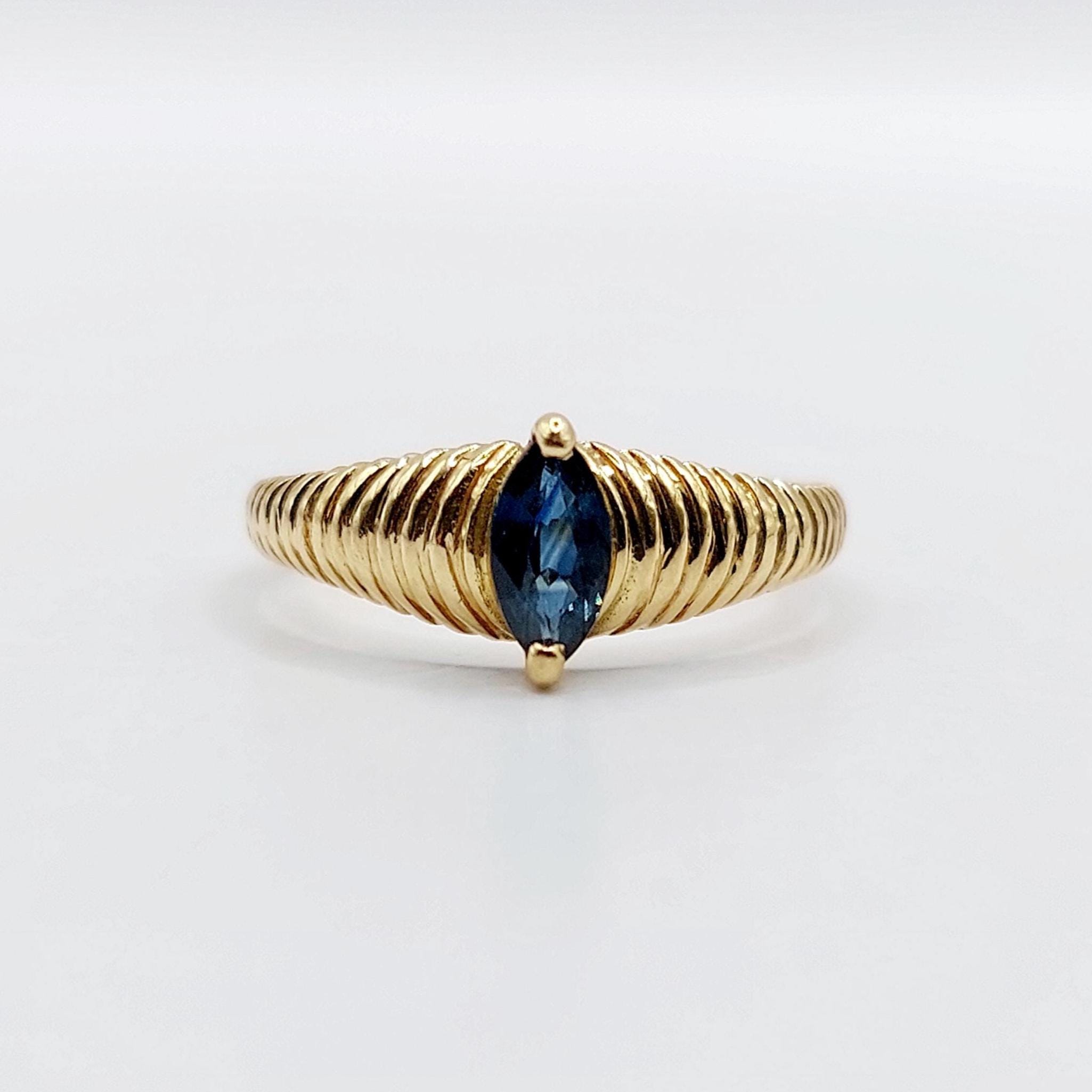 Bague Art Déco En Verre Bleu Saphir Sur Monture Plaqué Or - Taille 59 - Occasion