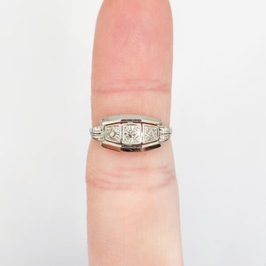 French Art deco tank ring 18k white gold set with rose cut diamonds in a geometric setting circa 1930 engagement image 10