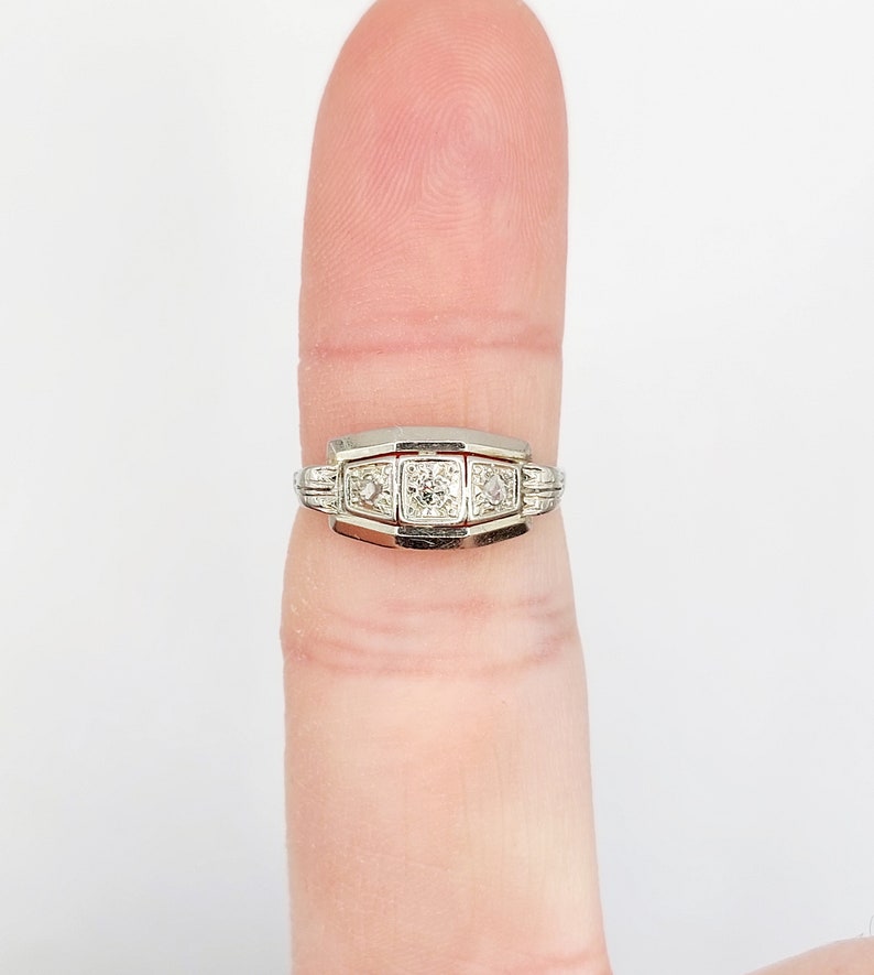 French Art deco tank ring 18k white gold set with rose cut diamonds in a geometric setting circa 1930 engagement image 10