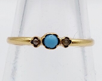Bague Marquise Antique Or 18k - Ornée De Perles Et Turquoise Naturelle (circa 1900), Taille 45