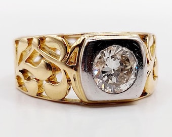 Bague Chevalière Art Déco Or 18k Diamant - Taille 53, Circa 1970, Occasion