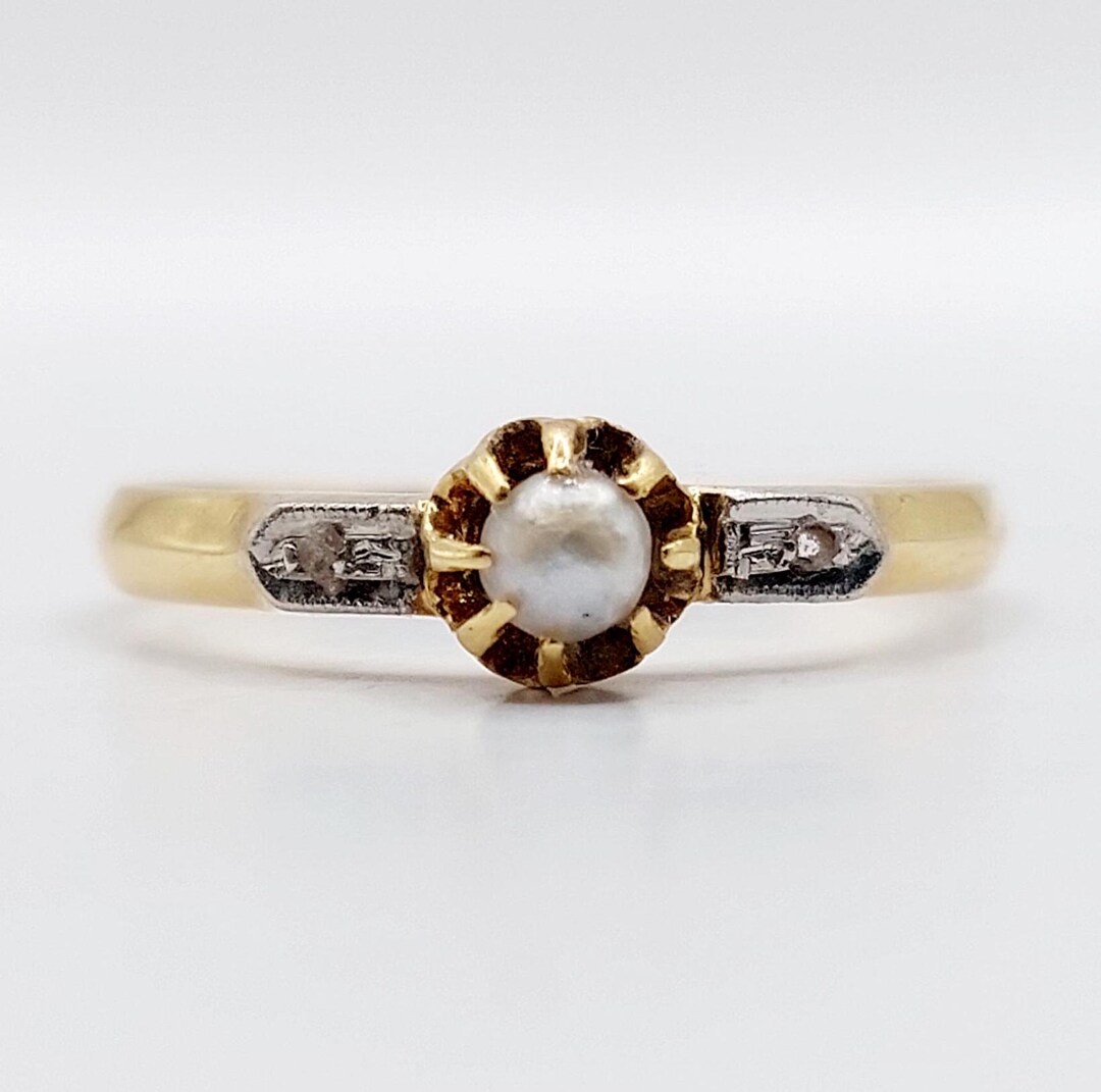 Bague Art Déco En Or Blanc 18k - Perle épaulée De Diamants Taillés En Roses - Taille 54