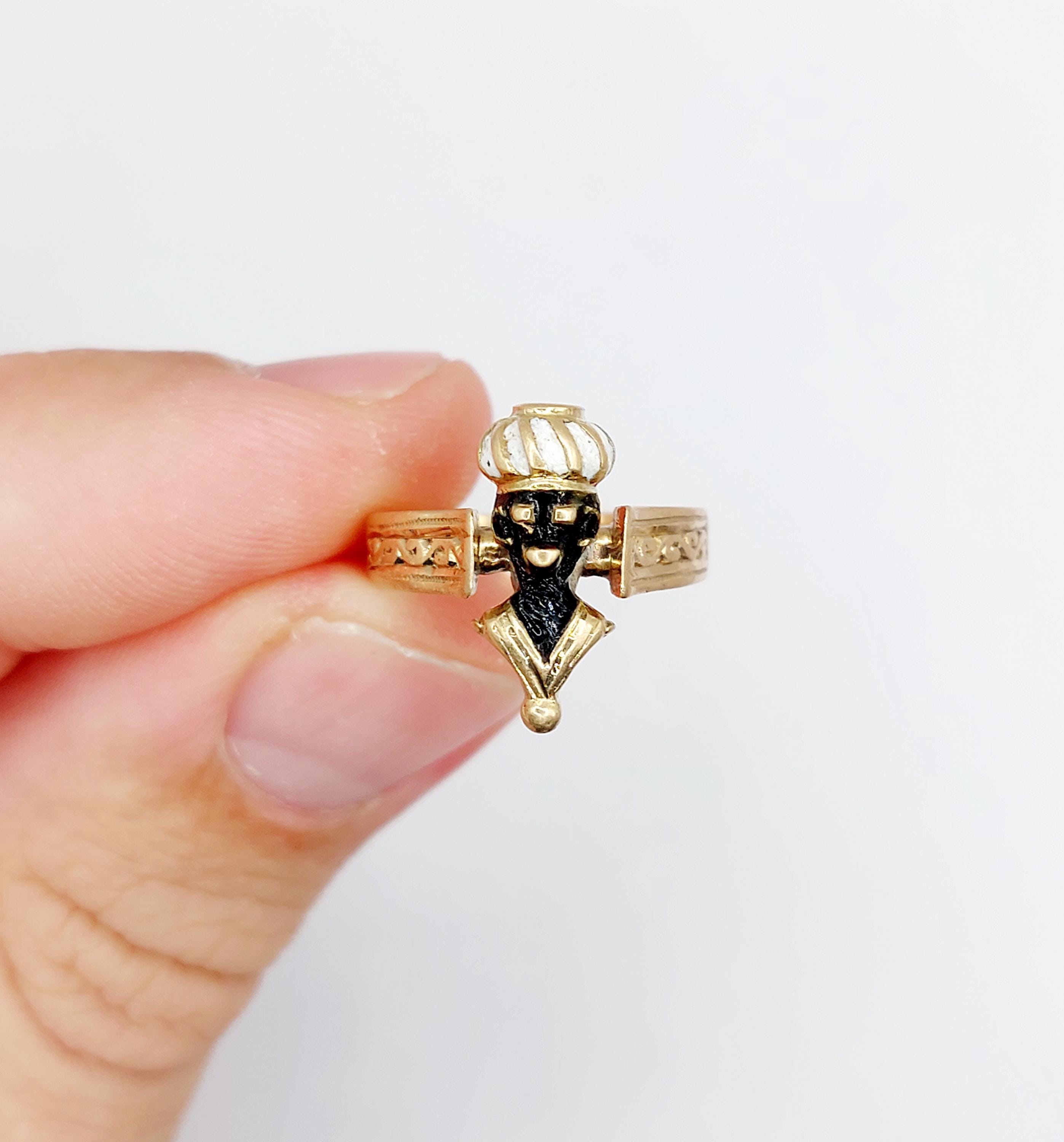 Bague Victorienne En Or Rose 14k Tête De Maure émaillée - Taille 50, Circa 1870