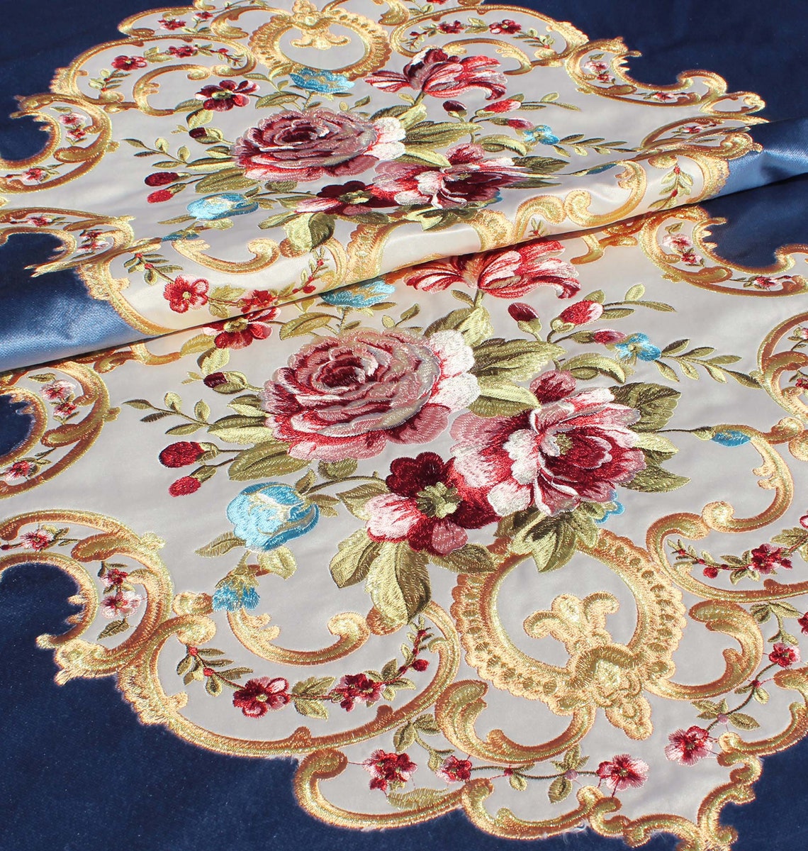 Embroidery Velvet Upholstery Fabric Aubusson Rose Bouquet Etsy