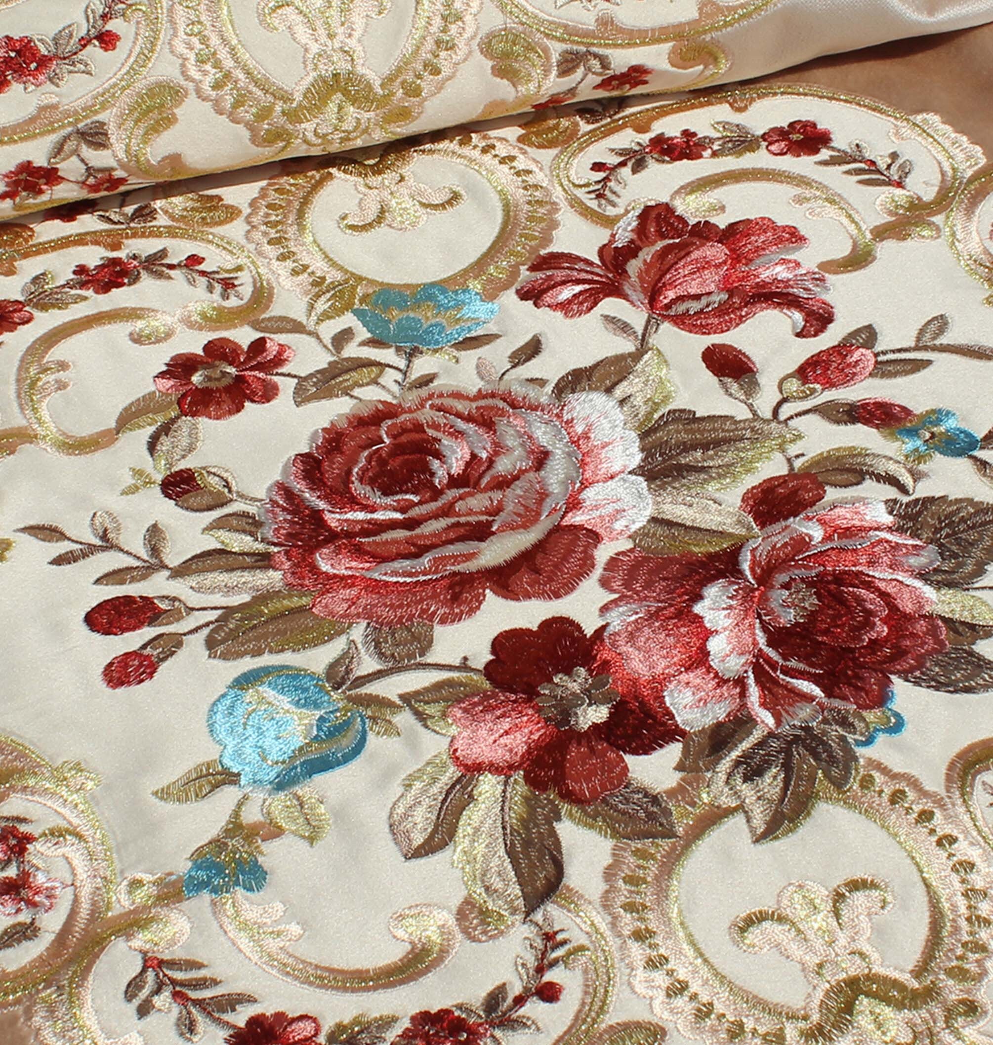 Embroidery Velvet Upholstery Fabric Aubusson Rose Bouquet Etsy
