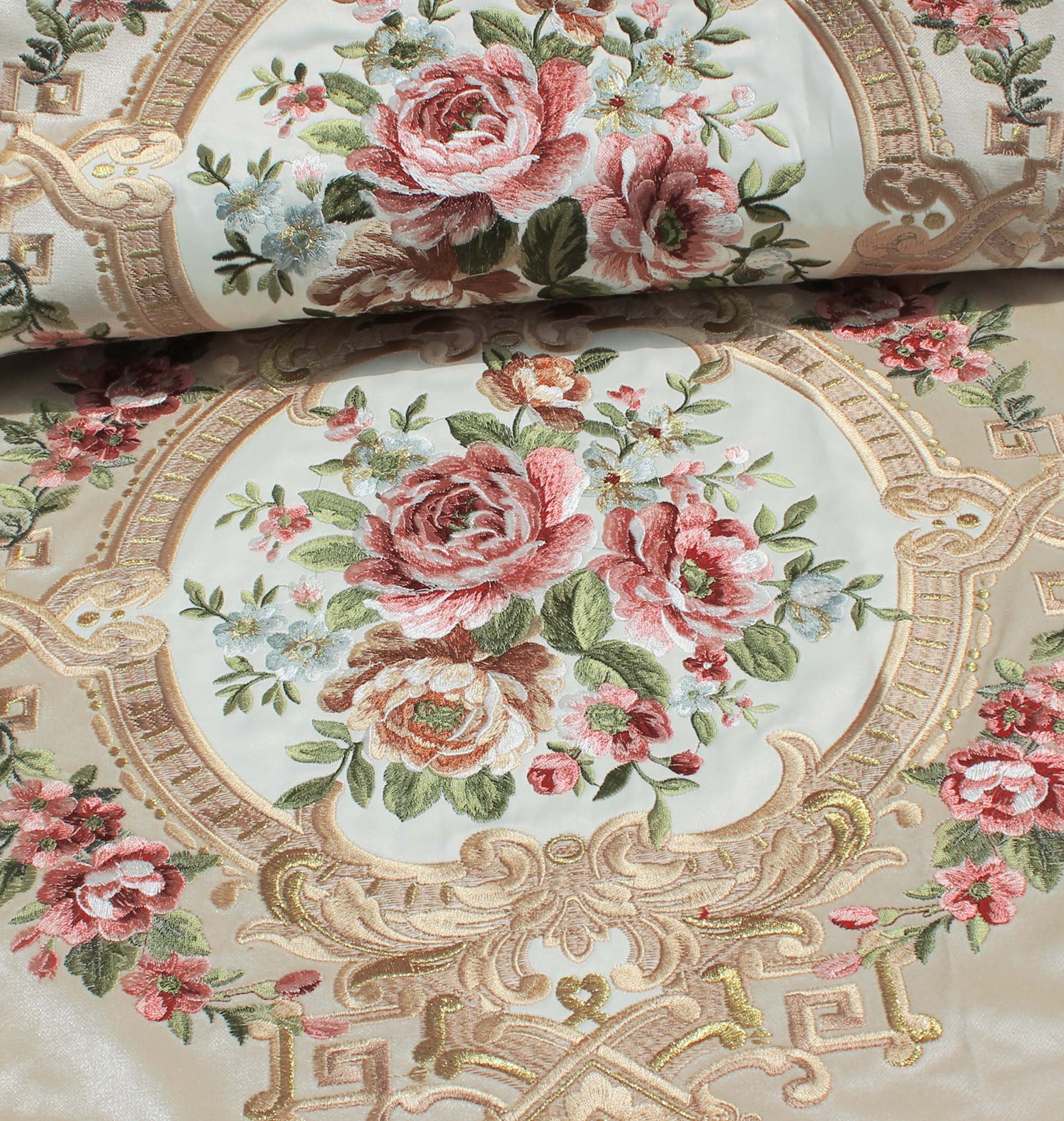 Velvet Embroidery Home Decor Fabric, Aubusson Rose Bouquet with Baroque Style Border for Curtain, Sofa, Chair, Cushion-Beige, 145cm width